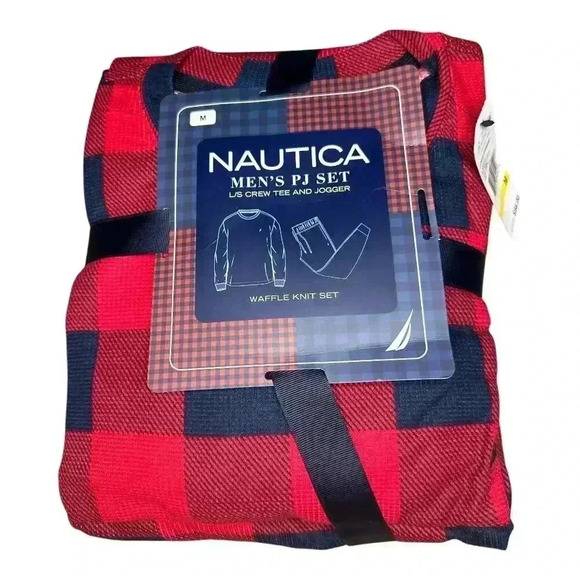 Nautica Mens Red Plaid Waffle Knit Jogger PJ Set, Medium - Picture 1 of 3